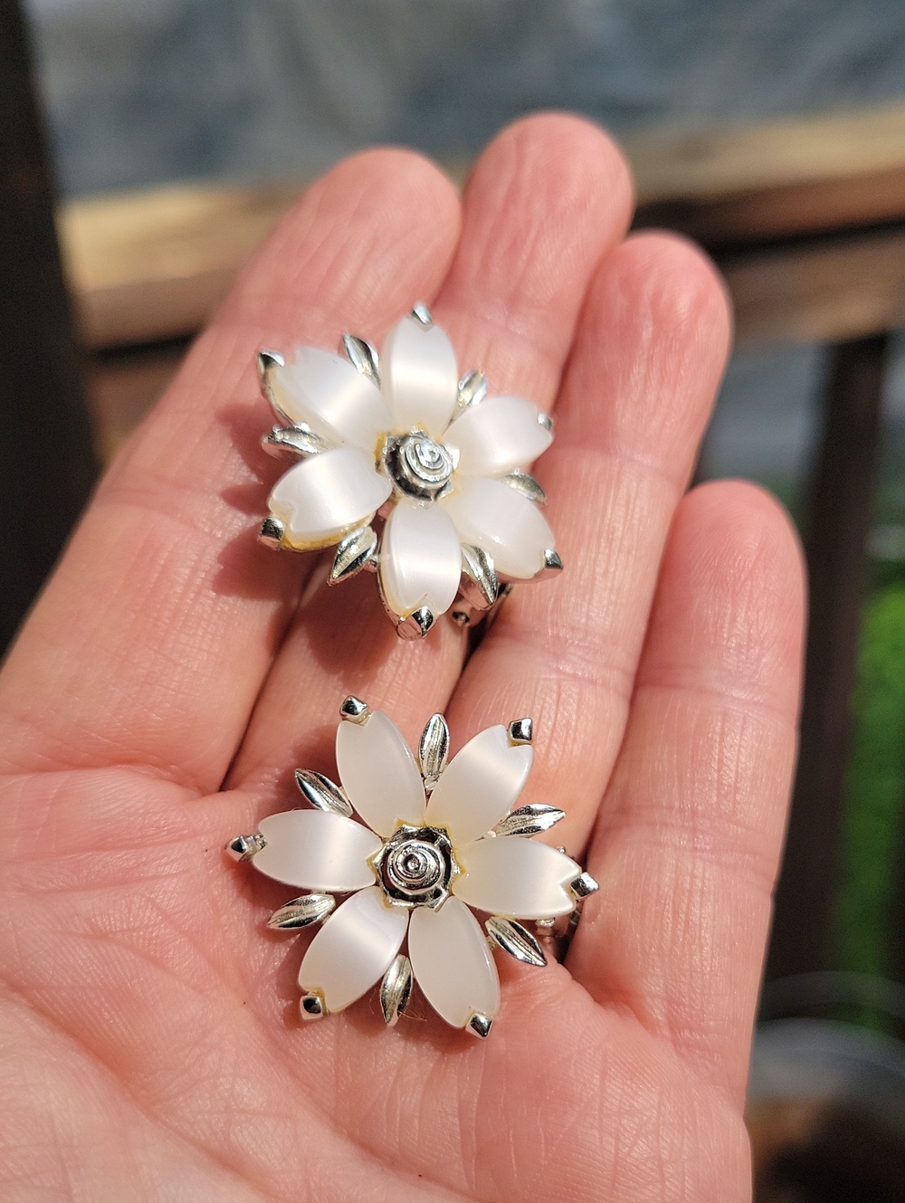 Classic White Floral Statement Clup on Earrings - Silver Tone